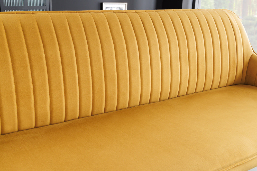 Canapé design TURIN 160cm velours jaune moutarde pieds métal noir accoudoir - 43694
