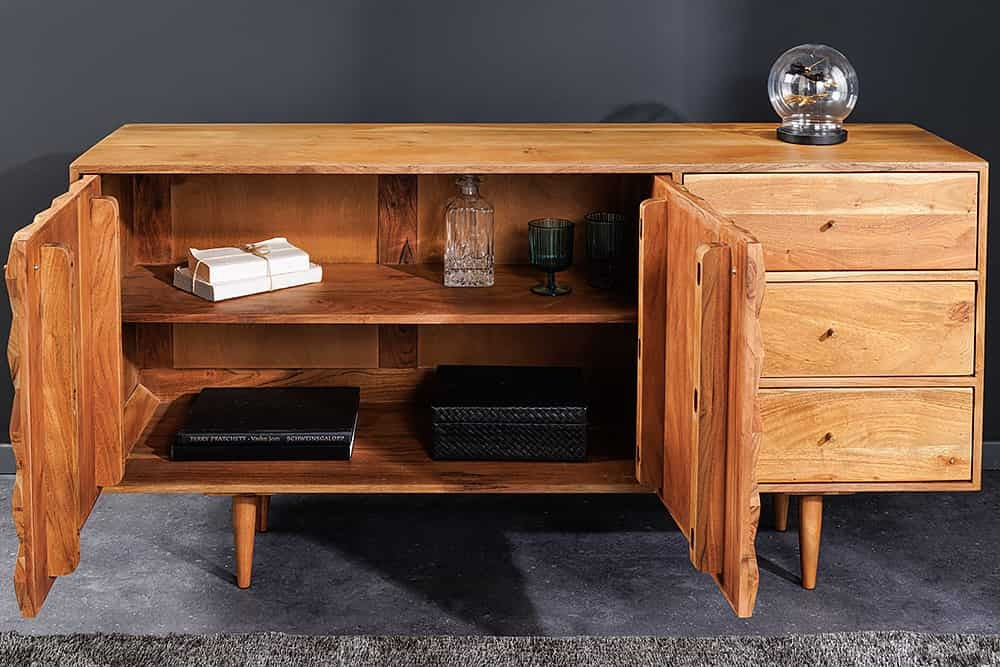 Buffet en bois massif ALPINE 145 cm acacia naturel design rétro finition couleur miel - meuble lo