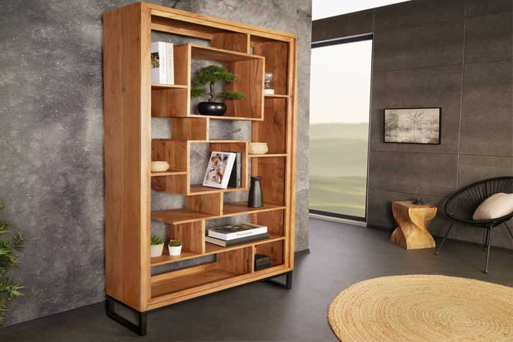 Bibliothèque en bois massif CUBUS 190 cm acacia finition miel pieds métal étagère sur pied noire - 43742