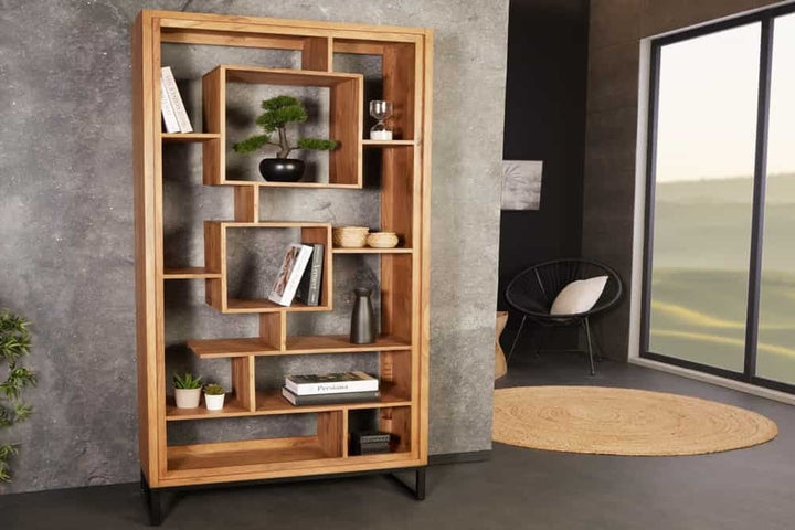 Bibliothèque en bois massif CUBUS 190 cm acacia finition miel pieds métal étagère sur pied noire - 43742
