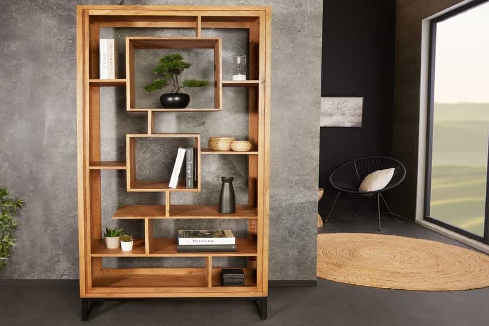 Bibliothèque en bois massif CUBUS 190 cm acacia finition miel pieds métal étagère sur pied noire - 43742
