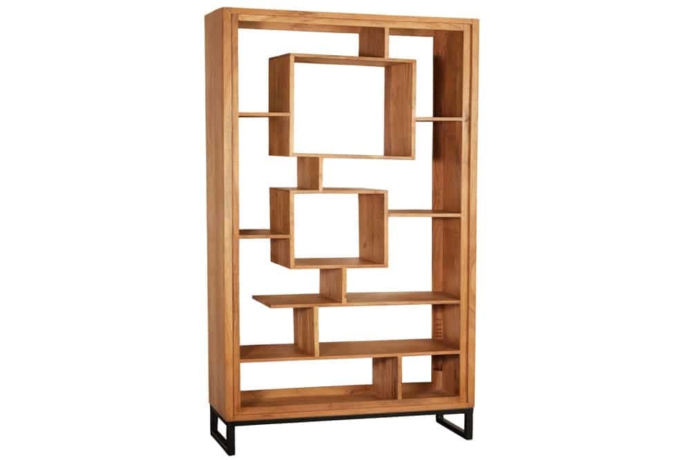Bibliothèque en bois massif CUBUS 190 cm acacia finition miel pieds métal étagère sur pied noire - 43742