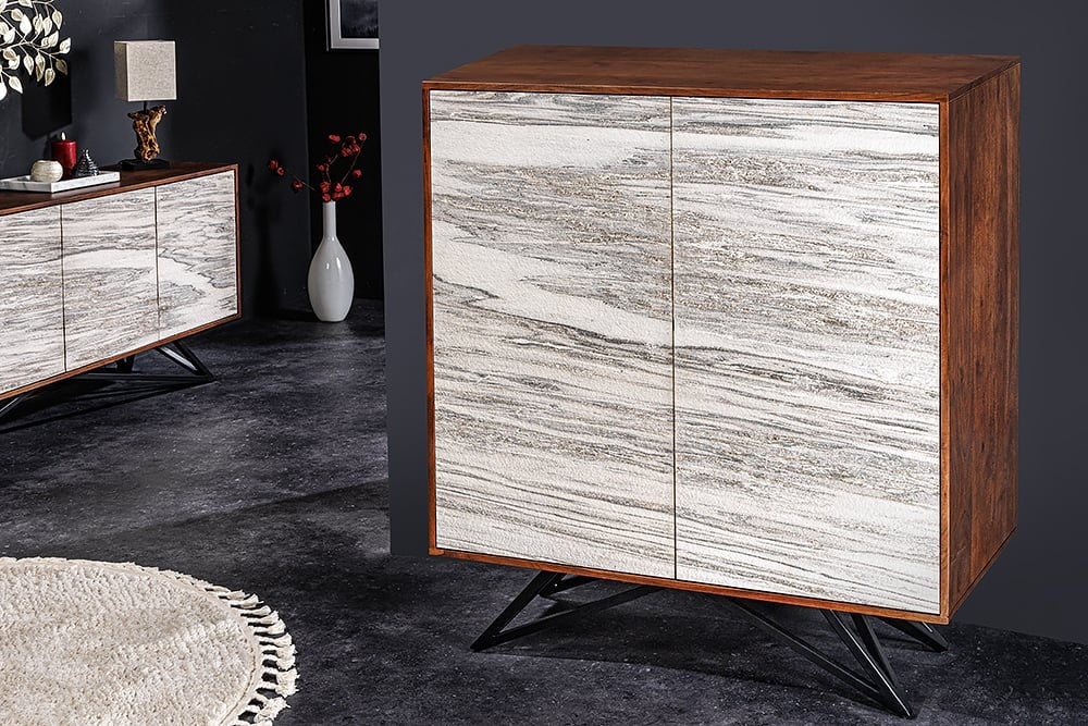 Buffet en bois massif MOUNTAIN SOUL 120cm véritable pierre naturelle meuble d'acacia blanc marbre design - 43793