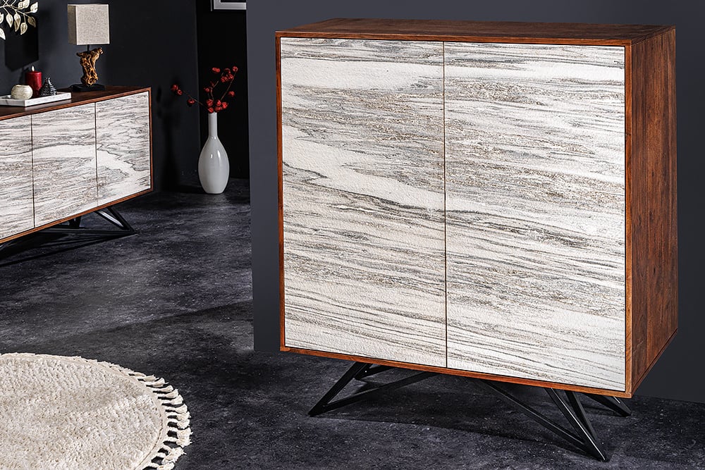 Buffet en bois massif MOUNTAIN SOUL 120cm véritable pierre naturelle meuble d'acacia blanc marbre design - 43793