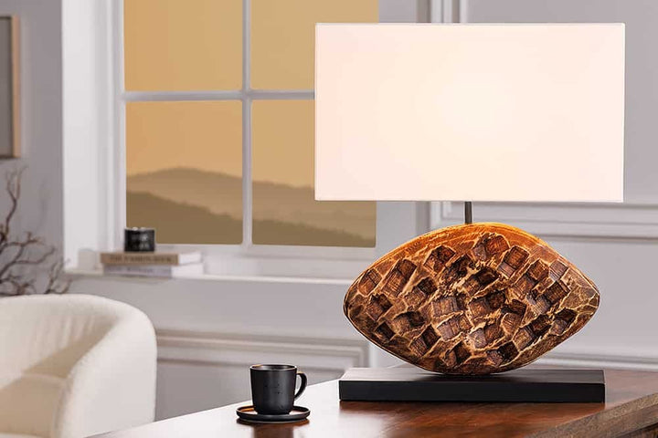 Lampe de table design REEF 50cm en bois d'acacia massif fait main abat-jour en coton blanc - 43929