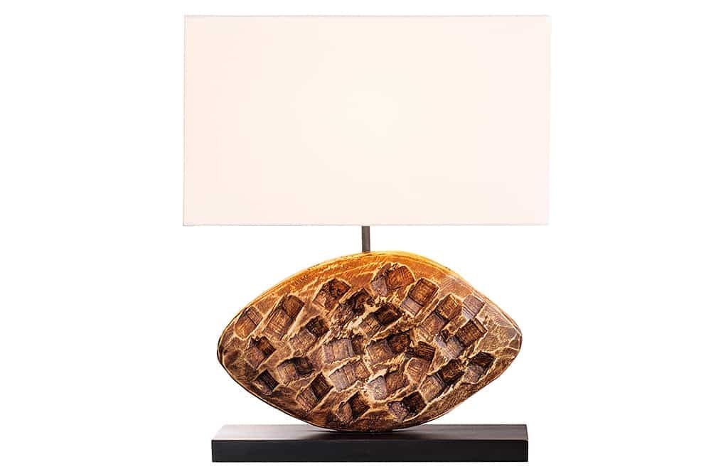 Lampe de table design REEF 50cm en bois d'acacia massif fait main abat-jour en coton blanc - 43929