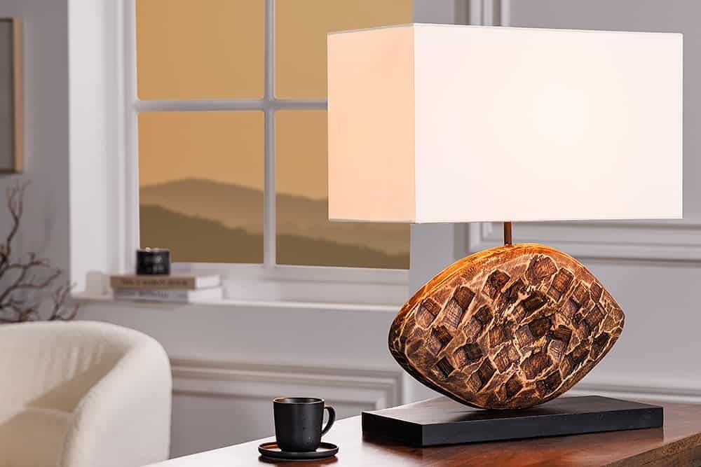 Lampe de table design REEF 50cm en bois d'acacia massif fait main abat-jour en coton blanc - 43929