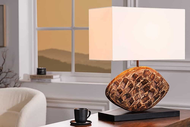 Lampe de table design REEF 50cm en bois d'acacia massif fait main abat-jour en coton blanc - 43929