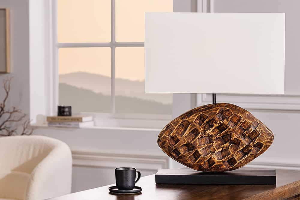 Lampe de table design REEF 50cm en bois d'acacia massif fait main abat-jour en coton blanc - 43929