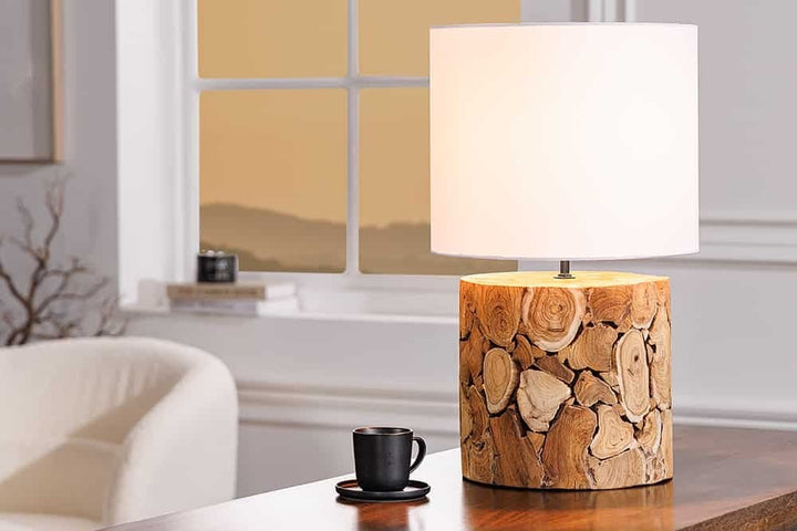 Lampe de table design PURE NATURE 45cm naturel fait main en bois massif coton abat-jour blanc - 43930