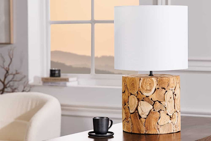 Lampe de table design PURE NATURE 45cm naturel fait main en bois massif coton abat-jour blanc - 43930