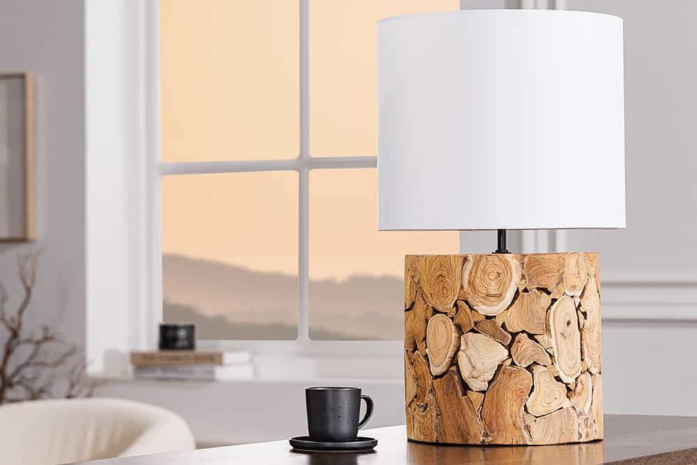 Lampe de table design PURE NATURE 45cm naturel fait main en bois massif coton abat-jour blanc - 43930