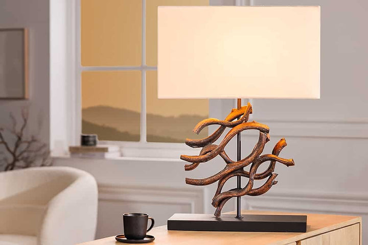 Lampe de table design WAVE 60cm en bois massif naturel fait main abat-jour en coton beige - 43931