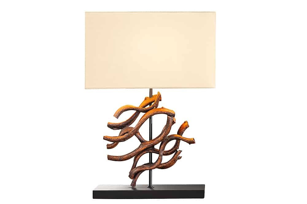 Lampe de table design WAVE 60cm en bois massif naturel fait main abat-jour en coton beige - 43931