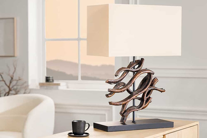Lampe de table design WAVE 60cm en bois massif naturel fait main abat-jour en coton beige - 43931