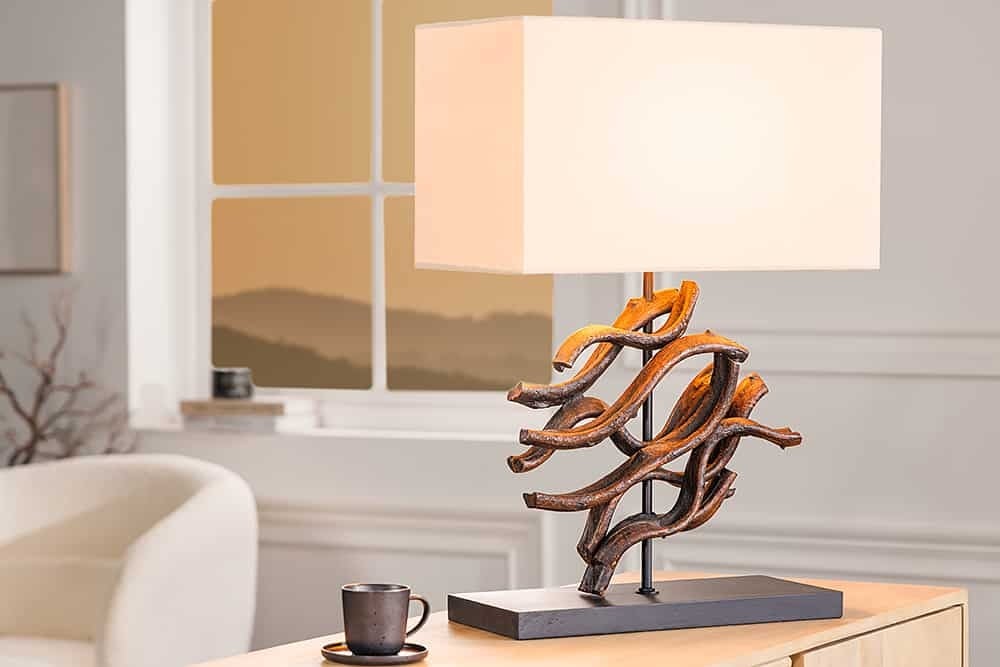 Lampe de table design WAVE 60cm en bois massif naturel fait main abat-jour en coton beige - 43931