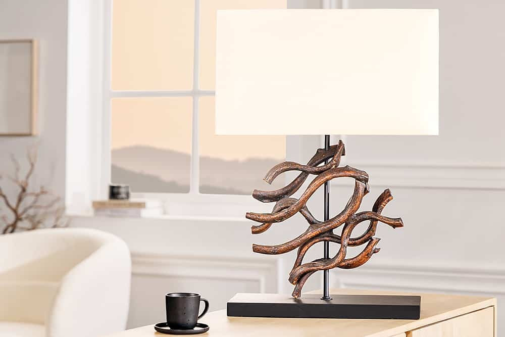 Lampe de table design WAVE 60cm en bois massif naturel fait main abat-jour en coton beige - 43931
