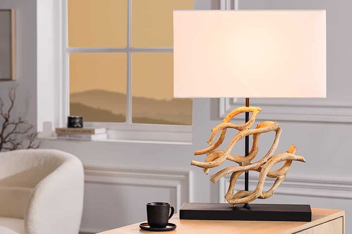 Lampe de table design WAVE 60cm en bois massif naturel fait main abat-jour en coton blanc - 43932