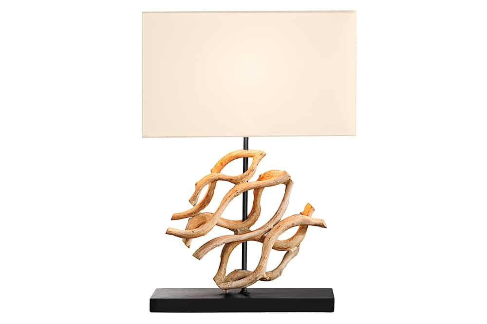 Lampe de table design WAVE 60cm en bois massif naturel fait main abat-jour en coton blanc - 43932