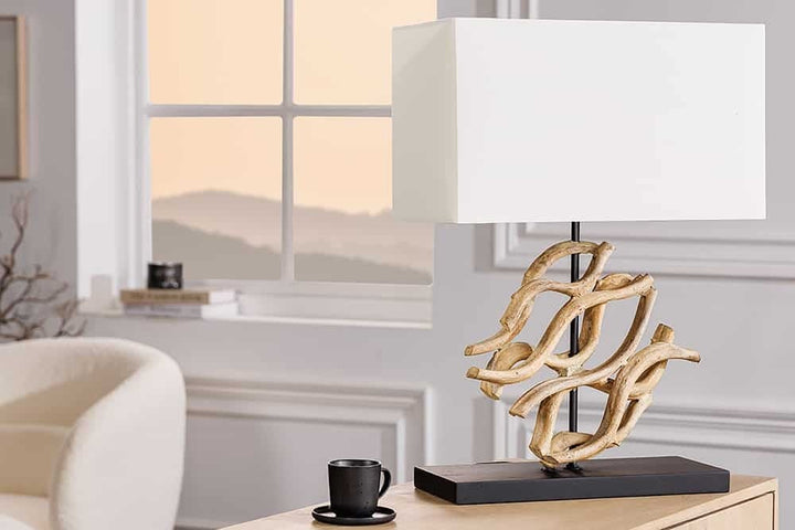 Lampe de table design WAVE 60cm en bois massif naturel fait main abat-jour en coton blanc - 43932