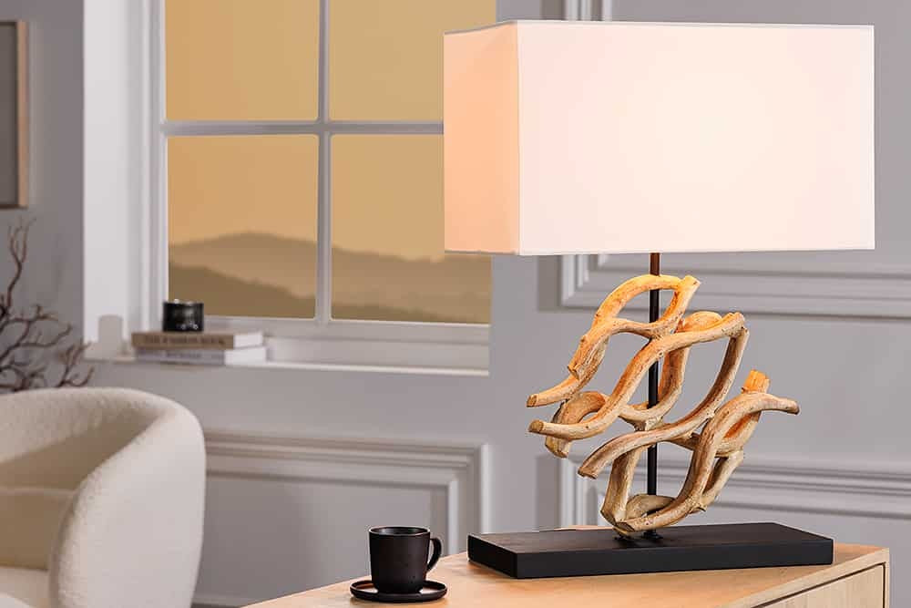 Lampe de table design WAVE 60cm en bois massif naturel fait main abat-jour en coton blanc - 43932