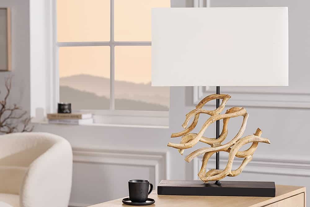 Lampe de table design WAVE 60cm en bois massif naturel fait main abat-jour en coton blanc - 43932