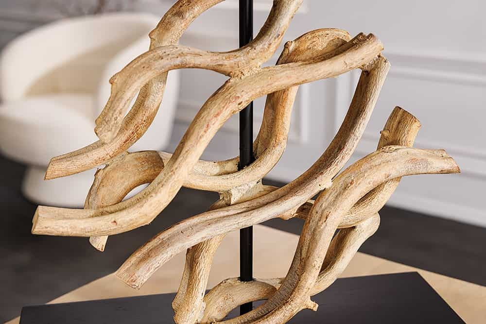 Lampe de table design WAVE 60cm en bois massif naturel fait main abat-jour en coton blanc - 43932