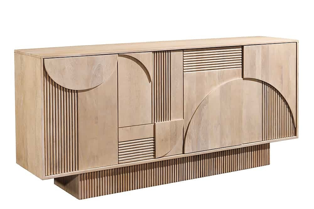 Buffet design ART DECO 170cm en manguier massif cérusé blanc façade 3D - 44060