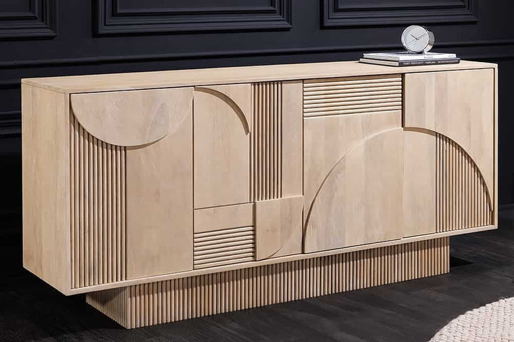 Buffet design ART DECO 170cm en manguier massif cérusé blanc façade 3D - 44060