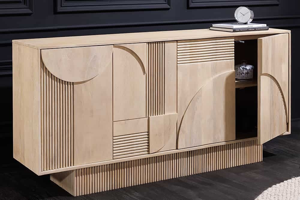 Buffet design ART DECO 170cm en manguier massif cérusé blanc façade 3D - 44060