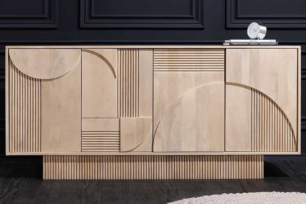 Buffet design ART DECO 170cm en manguier massif cérusé blanc façade 3D - 44060