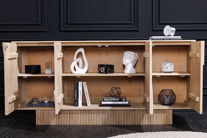 Buffet design ART DECO 170cm en manguier massif cérusé blanc façade 3D - 44060