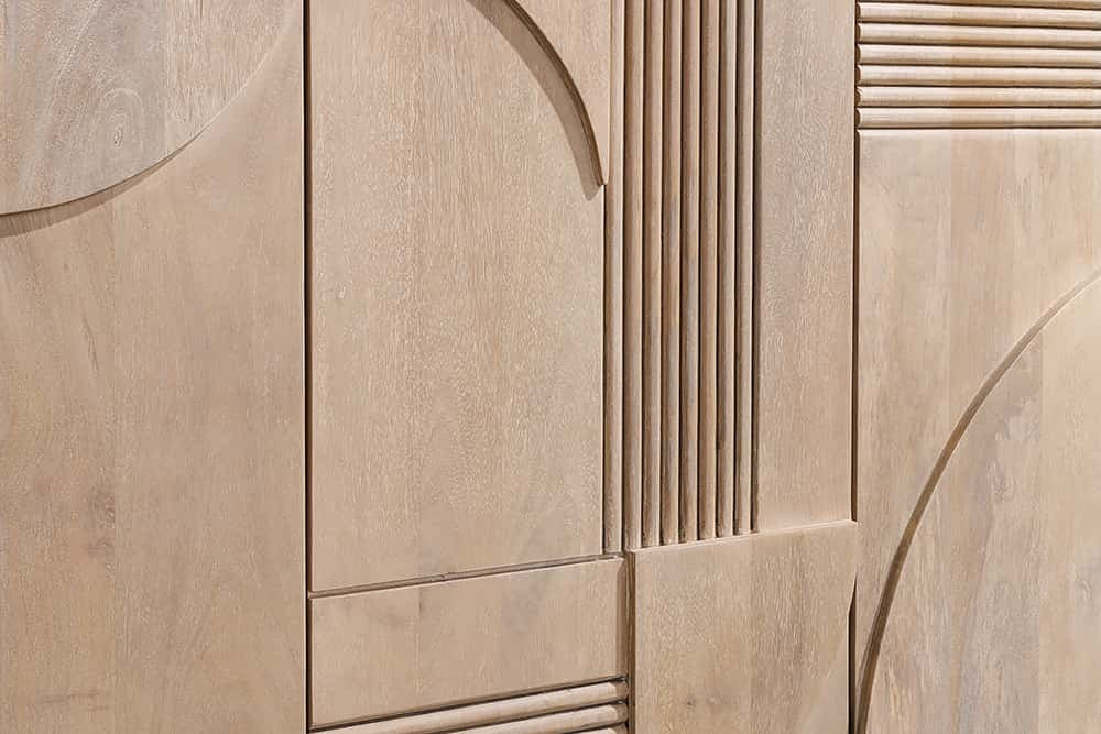 Buffet design ART DECO 170cm en manguier massif cérusé blanc façade 3D - 44060