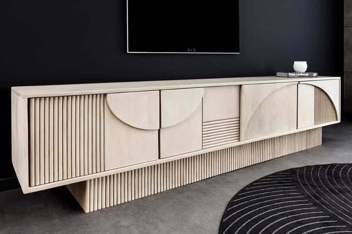 Buffet TV en bois massif ART DECO 200cm en manguier cérusé blanc façade 3D - 44061