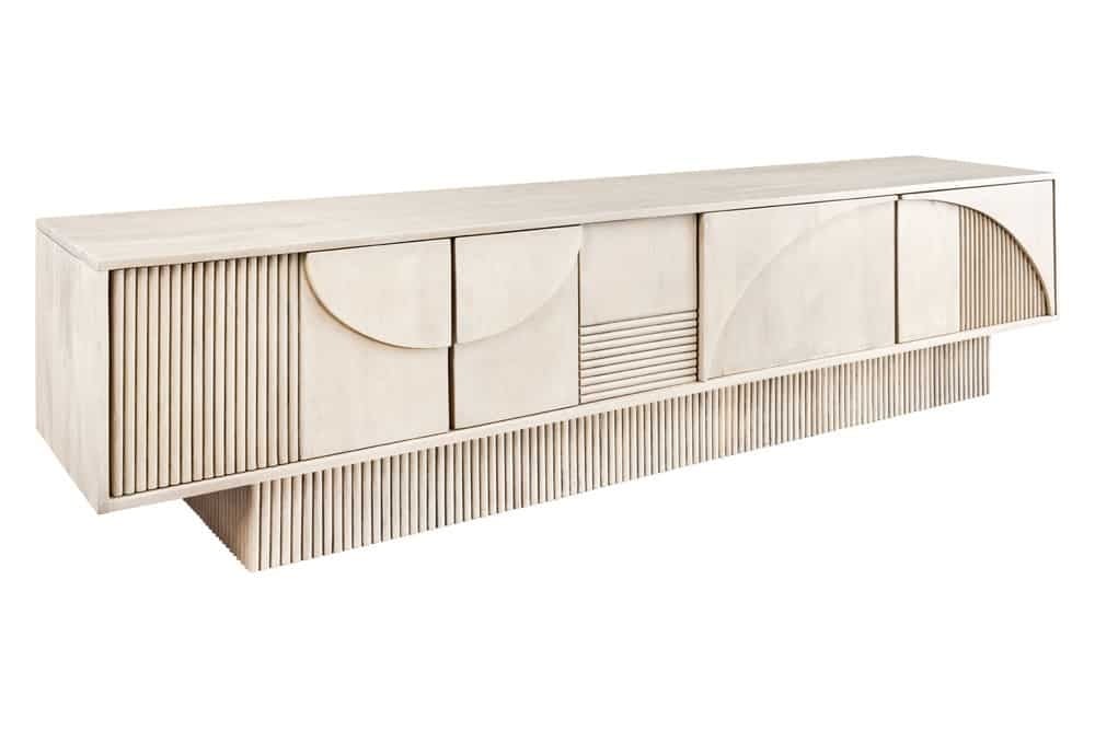 Buffet TV en bois massif ART DECO 200cm en manguier cérusé blanc façade 3D - 44061