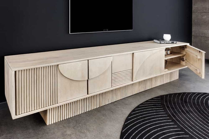 Buffet TV en bois massif ART DECO 200cm en manguier cérusé blanc façade 3D - 44061