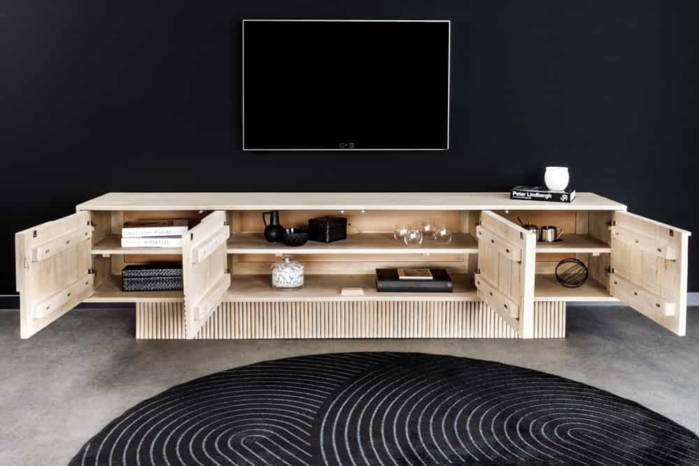 Buffet TV en bois massif ART DECO 200cm en manguier cérusé blanc façade 3D - 44061