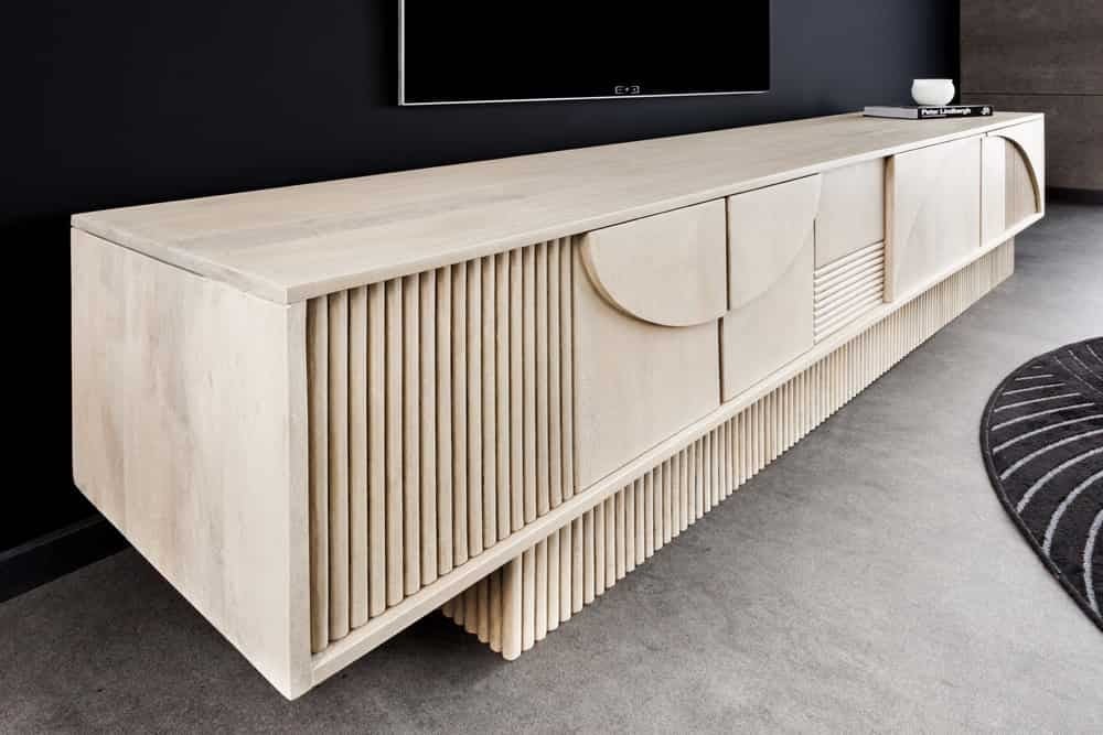 Buffet TV en bois massif ART DECO 200cm en manguier cérusé blanc façade 3D - 44061