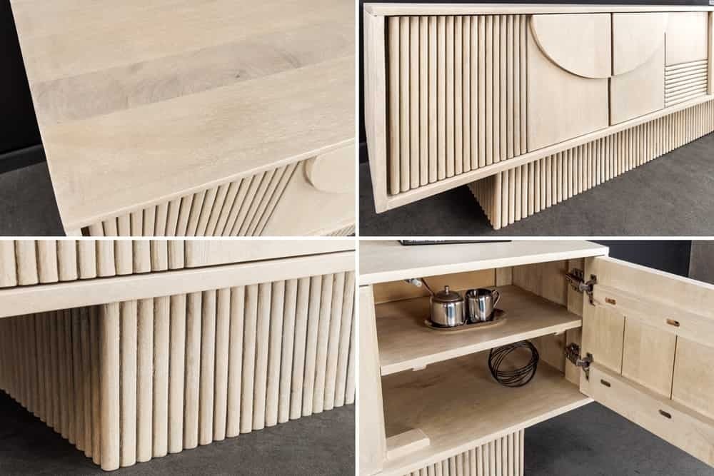 Buffet TV en bois massif ART DECO 200cm en manguier cérusé blanc façade 3D - 44061