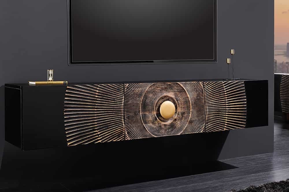 Buffet TV suspendu GOLDEN SUNSET 160cm bois de manguier doré noir fait main - 44250