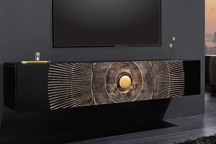 Buffet TV suspendu GOLDEN SUNSET 160cm bois de manguier doré noir fait main - 44250
