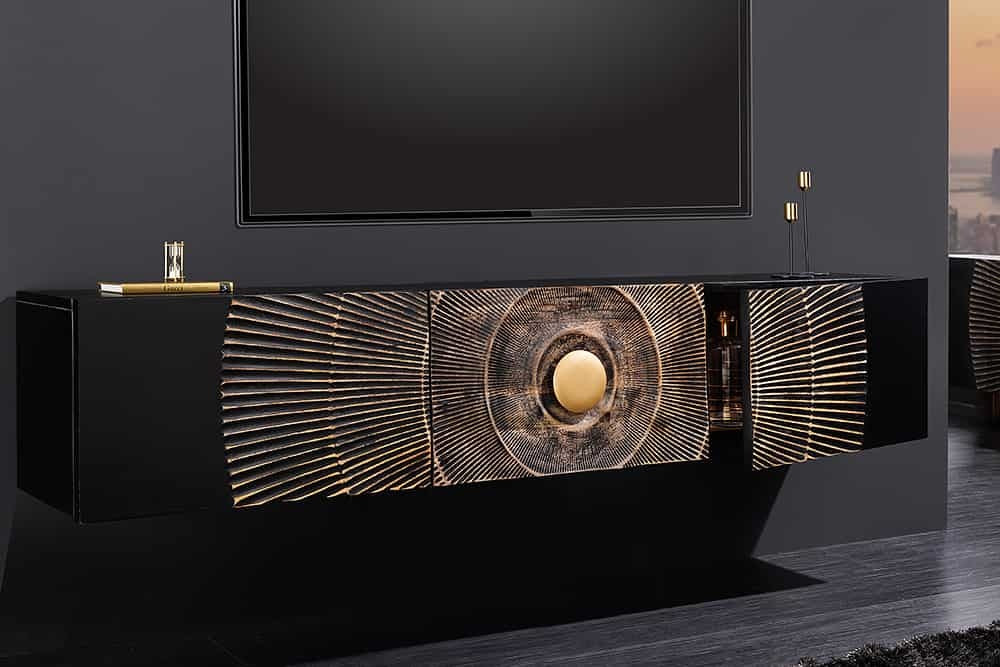 Buffet TV suspendu GOLDEN SUNSET 160cm bois de manguier doré noir fait main - 44250
