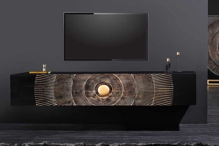 Buffet TV suspendu GOLDEN SUNSET 160cm bois de manguier doré noir fait main - 44250