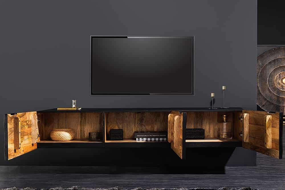 Buffet TV suspendu GOLDEN SUNSET 160cm bois de manguier doré noir fait main - 44250