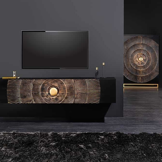Buffet TV suspendu GOLDEN SUNSET 160cm bois de manguier doré noir fait main - 44250