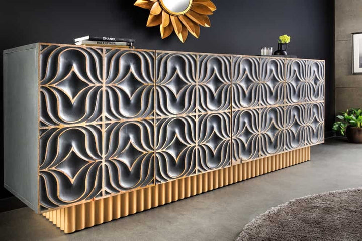 Buffet fait main PIAZZA SAN MARCO 180cm en bois de manguier massif gris doré design 3D - 44319