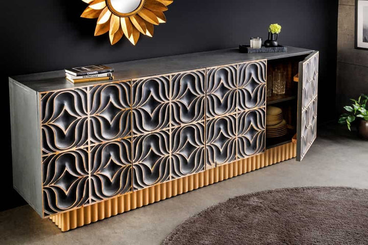 Buffet fait main PIAZZA SAN MARCO 180cm en bois de manguier massif gris doré design 3D - 44319