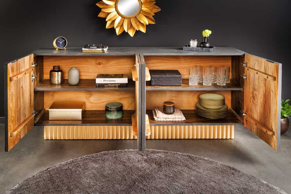 Buffet fait main PIAZZA SAN MARCO 180cm en bois de manguier massif gris doré design 3D - 44319