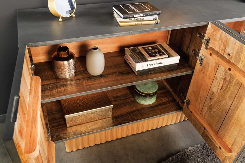 Buffet fait main PIAZZA SAN MARCO 180cm en bois de manguier massif gris doré design 3D - 44319