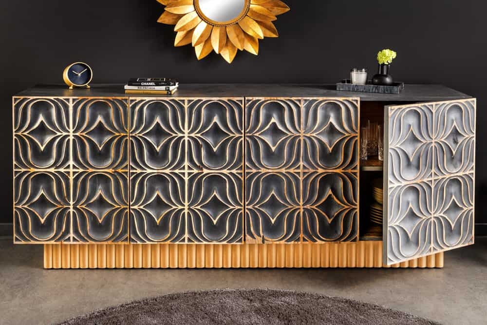 Buffet fait main PIAZZA SAN MARCO 180cm en bois de manguier massif gris doré design 3D - 44319